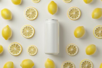 A white soda can surrounded by lemons