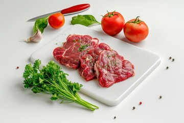 Herb marinated fresh meat and fresh vegetables on a cutting board in the kitchen