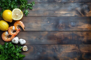 Wall Mural - A vibrant arrangement of shrimp, lemons, garlic, and parsley on a wooden surface.