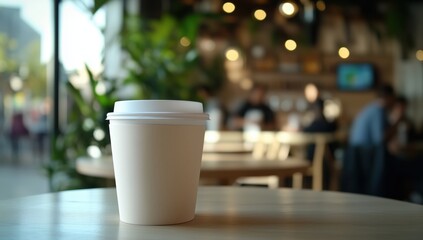 paper cup with drink on cafe background