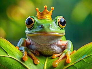 A vibrant green tree frog with bright, expressive eyes and a tiny crown of leaves gazes directly at the camera with regal, whimsical charm.