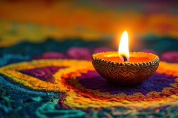 Indian festival Diwali, Diya oil lamps lit on colorful rangoli. Hindu traditional. Happy Deepavali. Copy space for text with generative ai