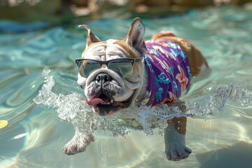 Wall Mural - A pug dog in a Hawaiian shirt and sunglasses playing in the water