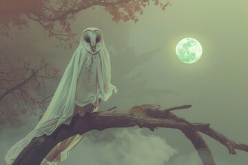 Wall Mural - A screech owl in a spooky man cloak on a full moon night