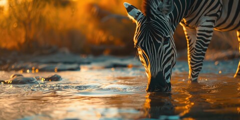 Wall Mural - A zebra quenching its thirst at a narrow river.