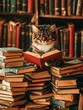 © ckybe - A whimsical feline in spectacles peruses a book amidst a vibrant collection of novels in a charming old library.