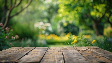 Canvas Print - Wooden table with garden backdrop, Empty wooden shelf in park setting, Wood table top with nature in background