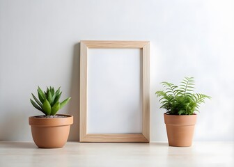 A wooden frame with blank space between two potted plants