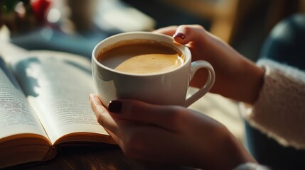 A woman reading a book and carrying a cup of coffee at breakfast. Photography of Still Life Coffee.