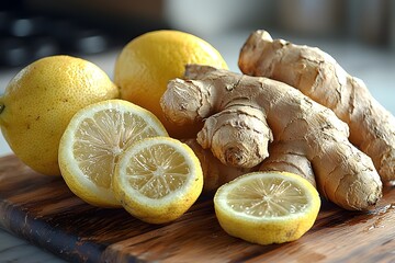 Wall Mural - Lemons and ginger on the table.