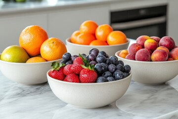 Wall Mural - A vibrant display of fresh fruits in bowls on a kitchen countertop.