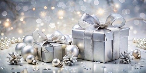 Two elegant silver present boxes with bows and ornaments for a festive holiday celebration