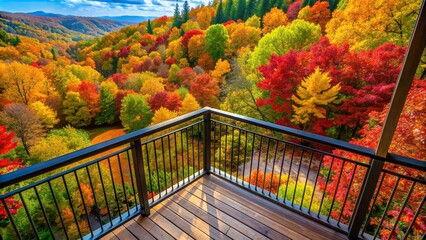 Wall Mural - picturesque,colorful, underwood, balcony view, beautiful, tranquility, A beautiful autumnal underwood with colorful foliage covers a balcony creating a vibrant and picturesque aerial view