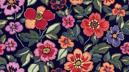 Wall Mural - Seamless embroidery design featuring exquisite blossoms, crafted by hand on a deep backdrop, ideal for stylish textiles and prints.