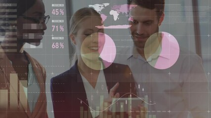 Poster - Business data analytics animation over diverse colleagues discussing in office