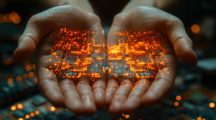 Poster - hands holding holographic microchip circuit board - futuristic technology concept, innovation, ai, a