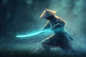 A man in a samurai costume is holding a sword and is surrounded by a blue light