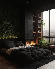 Wall Mural - A dark, cozy black bedroom with dark wood furnishings and lush greenery. A fireplace adds warmth, while a large bed and floating shelves a modern, aesthetic