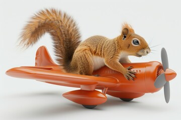 A squirrel flying a plane on a white background