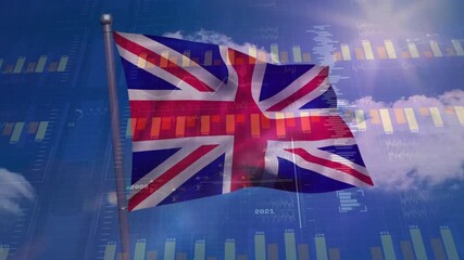 Poster - United Kingdom flag waving with financial data processing animation over blue sky
