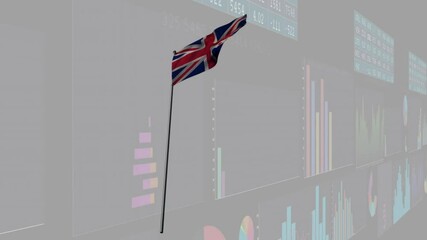 Poster - union jack flag waving over financial data charts animation