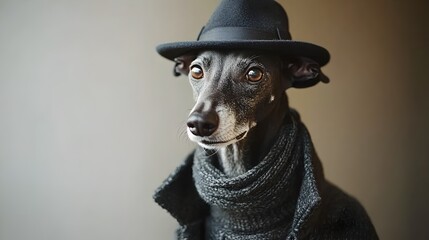 Wall Mural - Stylish Greyhound Dog Wearing Classic Outfit in Surreal Studio Setting