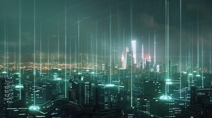 Wall Mural - Futuristic Cityscape with Digital Beams