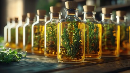 Wall Mural - Organic herb-infused oils, bottles with herbs inside, 3D illustration