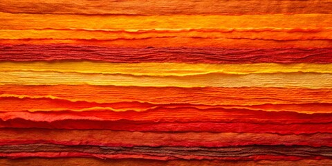 Vibrant red and orange abstract landscape created from handmade Huun papers in Mexico, mounted vertically