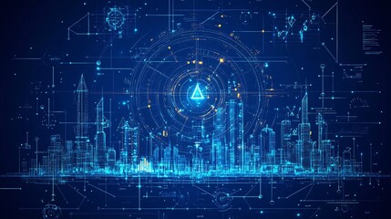 Poster - Civil engineering blueprint of a city skyline with roads and bridges in flat design Vector look Digital art Large space for text in center Stock Photo with copy space