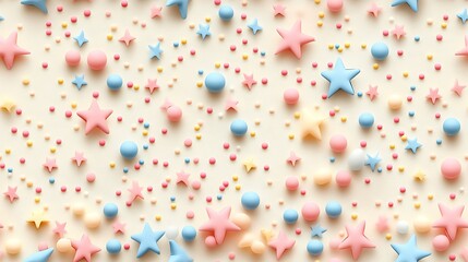 Canvas Print - A playful pastel confetti pattern with small dots, stars, and triangles in soft pastel tones of blush pink, baby blue, and pale yellow,