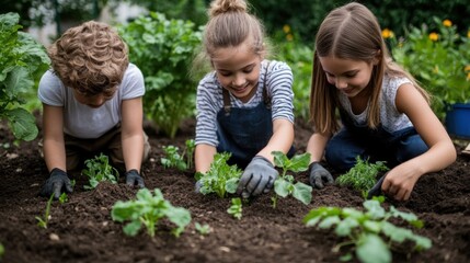 three children are joyfully planting vegetables in a garden, surrounded by green plants. they are we