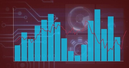 Poster - Bar and line graph animation over digital circuit board background