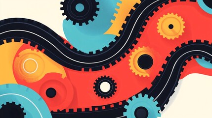 Poster - Mechanical engineering conveyor belts and mechanical systems with detailed gears in flat design Vector look Digital art Large space for text in center Stock Photo with copy space