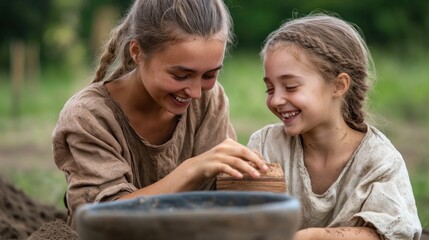 A woman and a young girl work closely, shaping clay into pottery while smiling and sharing laughter in a serene outdoor environment surrounded by nature