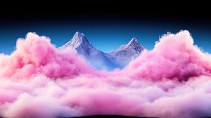 Fluffy pink clouds drift around towering mountains, creating a mesmerizing view at sunset. The vibrant colors highlight the tranquility of the natural scene