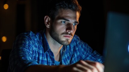 Poster - A young man is intently engaged with his laptop late at night, illuminated by the screen glow, with soft lights adding warmth to the space, creating a thoughtful atmosphere