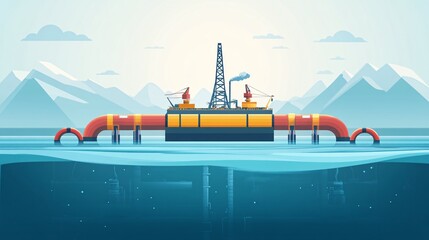 Poster - Petroleum engineering oil rig in ocean and gas pipelines in flat design Vector look Digital art Large space for text in center Stock Photo with copy space