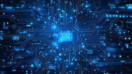 Poster - Computer engineering with coding symbols and circuit boards in flat design Vector look Digital art Large space for text in center Stock Photo with copy space