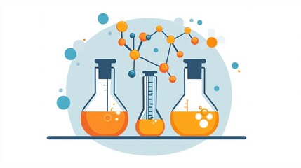 Chemical engineering molecular structure with chemical apparatus and reactions in flat design Vector look Digital art Large space for text in center Stock Photo with copy space