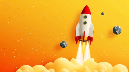 Poster - Aerospace engineering spacecraft launch pad and satellite orbits in flat design Vector look Digital art Large space for text in center Stock Photo with copy space
