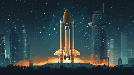 Poster - Aerospace engineering spacecraft launch pad and satellite orbits in flat design Vector look Digital art Large space for text in center Stock Photo with copy space