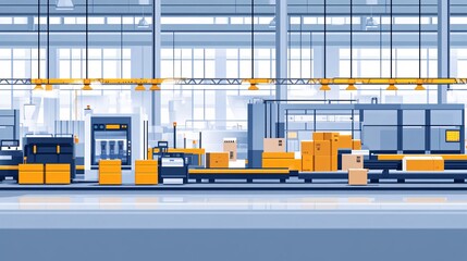 Poster - Industrial engineering with factory production lines and efficiency charts in flat design Vector look Digital art Large space for text in center Stock Photo with copy space