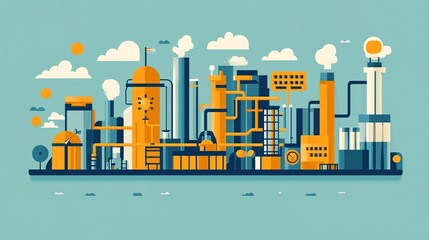 Poster - Petroleum engineering oil extraction pumps and gas storage tanks in flat design Vector look Digital art Large space for text in center Stock Photo with copy space