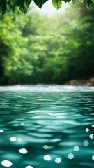 Wall Mural - abstract green water surface with blurred green foliage background for product placement and present