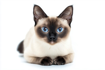 Wall Mural - Siamese cat with blue eyes is laying on a white background. The cat is calm and relaxed, and its blue eyes give it a serene and peaceful appearance