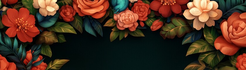 Wall Mural - floral arrangement with dark background, orange and white blossoms, lush green foliage - perfect for