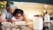 © peopleimages.com - Grandma, little girl and baking with roller on table in kitchen for learning, teaching or making dough at home. Happy grandmother, child or junior baker preparing dessert, cookies or pastry recipe