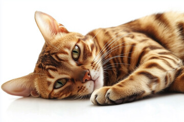 Bengal cat with green eyes lays on a white surface