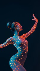 Wall Mural - neon lights network connecting nodes abstract woman silhouette with glowing lines and dots on a black background.